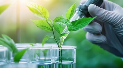 Poster - Green plant in laboratory with scientist hand examining and taking care of growing natural specimen