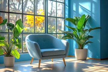 Poster - A single blue chair sits in front of a window with natural light and blurred background