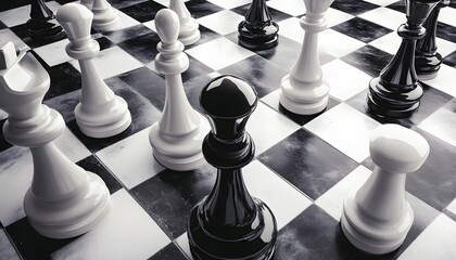 Poster - Close-Up View of Chess Pieces on a Modern Black and White Chessboard Showcasing Strategy Game Elements with Dynamic Lighting Enhancements and Artistic Composition