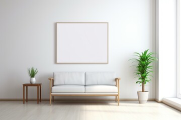 Poster - Light and airy living room with white sofa, blank frame, and houseplants, perfect for showcasing artwork or photography