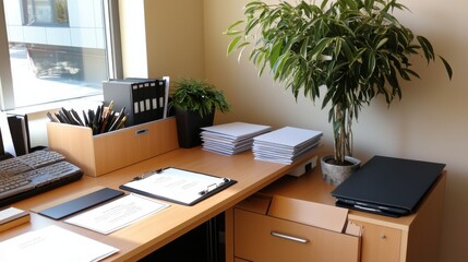 Poster - Organized Workspace with Laptop Desk Supplies and Potted Plant