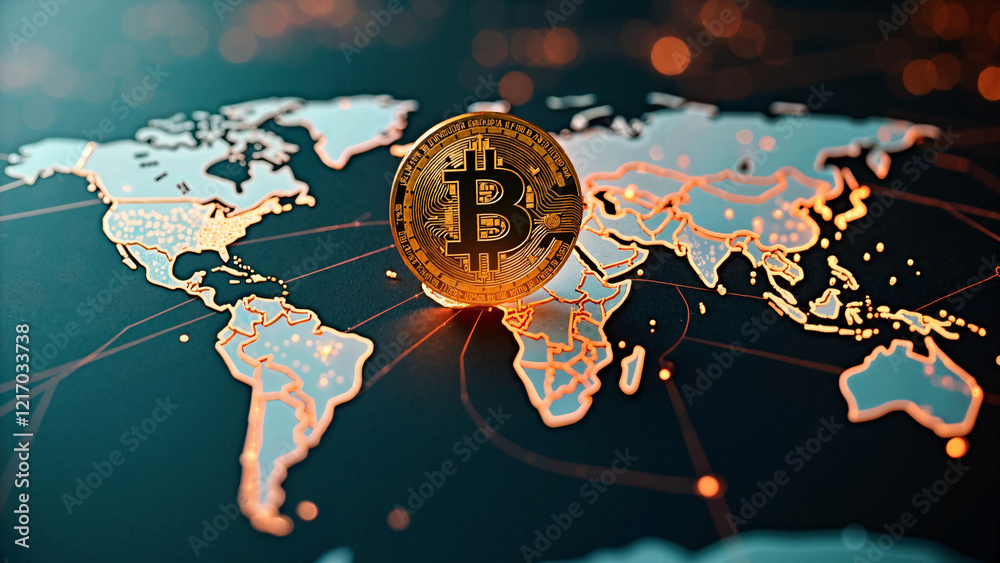 Bitcoin Global Network: Cryptocurrency Symbol on Detailed World Map for ...