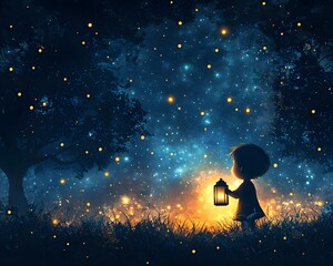 Wall Mural - child holding lantern discovering glowing ancient trees under moonlit grove