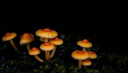 Glowing orange mushrooms, forest floor, bioluminescent fungi, dark background, moss-covered ground, magical woodland scene, fairy-tale atmosphere, vibrant colors, close-up nature photography, mystical