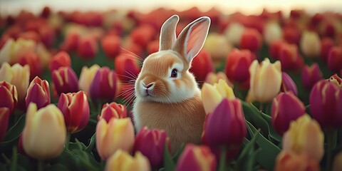 Poster - Cute bunny rabbit nestled amongst colorful tulips in a field.