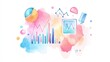 © Newstep - Colorful watercolor illustration of business analytics, featuring charts, graphs, and data visualization elements on a vibrant background.