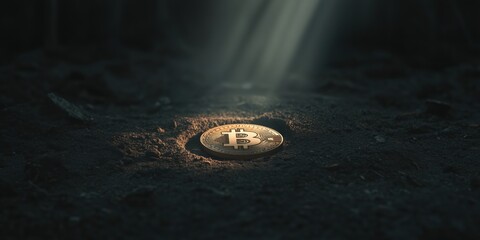 Bitcoin coin illuminated by light beam in dark soil showcasing its digital currency significance