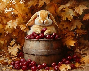 Poster - Cute bunny rabbit sitting in wooden barrel full of red grapes amidst autumn leaves.