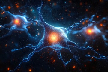 Poster - 3D Visualization of a Neuron and Synapse Connections in the Brain, Showcasing Neural Activity and Complex Interactions