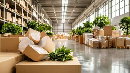 Poster - Expansive Warehouse Interior with Stacked Boxes and Shelves for Efficient Logistics