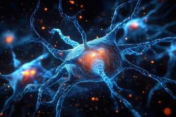 Fototapete - stunning 3d visualization of neurons and synapses in the human brain highlighting neural connections