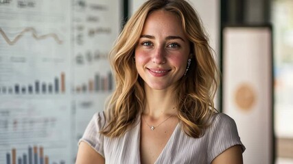 Poster - Smiling happy investor or businesswoman looking at stock market graph