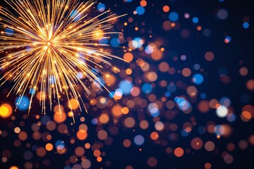Aufkleber - Bright fireworks explosion with glowing bokeh lights on dark background.
