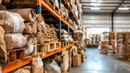 Poster - Organized Warehouse Shelves with Stacked Cardboard Boxes and Packages for Efficient Logistics and Distribution