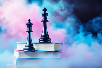 Poster - Chess Pieces on Books Amidst Colorful Smoke Background.