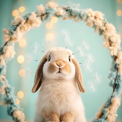 Poster - Cute bunny rabbit with dandelion seeds in a floral hoop.