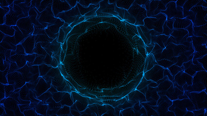 Poster - Abstract blue sphere in the wave on black background. Wormhole or speed tunnel technology. Wireframe circle structure with glowing particles. Futuristic digital illustration. 3D rendering.