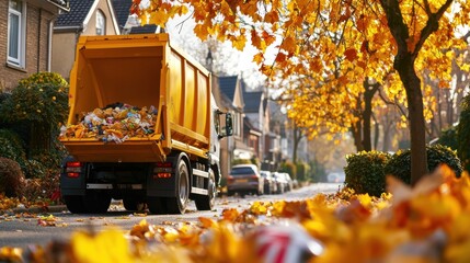 Canvas Print - Autumnal City Street with Colorful Foliage and Residential Truck