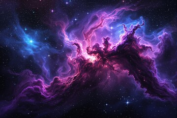Poster - Vibrant cosmic nebula with vivid purple and blue hues in space.