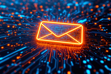 Poster - Digital email icon illuminated in neon style with a circuit board background.