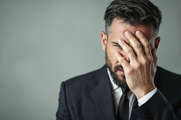 Aufkleber - Businessman in frustration covering his face with hand on neutral background.