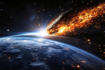 Poster - Meteor entering Earth's atmosphere with bright fiery trail over space background.