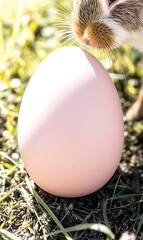 Poster - Cute bunny sniffing a large pink egg in grass.