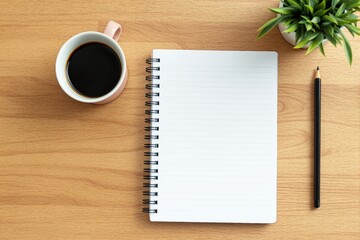 Wall Mural - Top view of blank notebook with pencil, coffee cup, and plant on wooden desk.