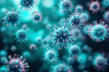 Aufkleber - Close-up of virus particles in bright teal and pink hues.