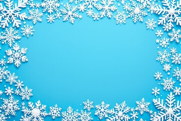 Poster - White snowflakes border on blue background with empty central space for text or design.