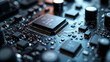 © MOTOKO Stock - High-resolution macro photo of a black PCB with microchips and capacitors, ideal for tech articles, electronics marketing, and educational materials.