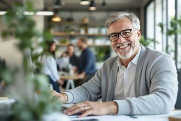 Aufkleber - Smiling senior man working on a laptop in a modern office setting.