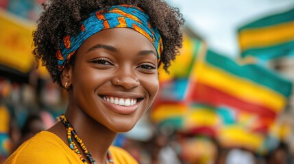 A smiling woman wearing a vibrant headband, ideal for use in lifestyle or fashion photography