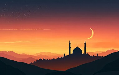 Wall Mural - Simple vector graphics, minimalist-style illustration of the background silhouette of a mosque at night