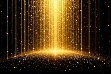 Poster - Abstract glowing golden particles forming vertical light beams on dark background.