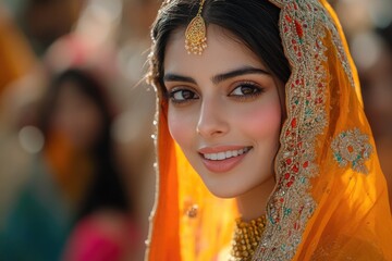 Wall Mural - A woman wearing a traditional Indian yellow sari smiles at the camera