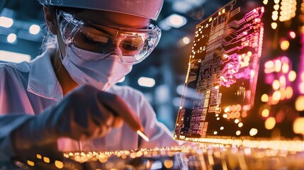 Poster - Skilled Technician Inspecting Advanced Electronic Circuit Board in High Tech Manufacturing Facility
