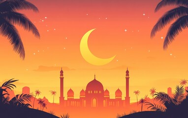 Wall Mural - Simple vector graphics, minimalist-style illustration of the background silhouette of a mosque at night