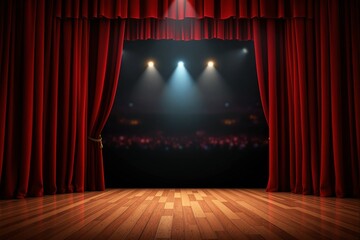 Poster - Stage with red curtains and spotlight in a theater setting, wooden floor illuminated, blurred audience in the background.