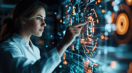 Poster - Female Professional Interacting with Futuristic Digital Interface in High Tech Corporate Office