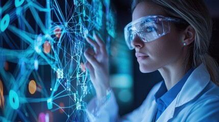 Poster - Female scientist exploring futuristic virtual reality interface for data analysis and research