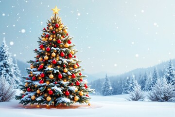 Poster - Christmas tree with ornaments and star in snowy landscape under soft light.
