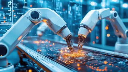 Poster - Robotic arms welding and soldering electronic circuits in a futuristic manufacturing facility
