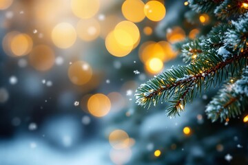 Poster - Festive pine branch with snowflakes and golden lights in a wintery blurred background.