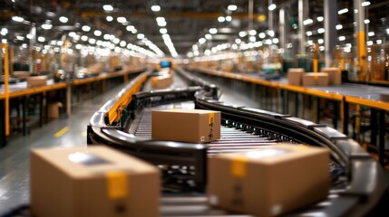 Poster - Efficient Logistics Warehouse With Automated Conveyor System and Stacks of Packages