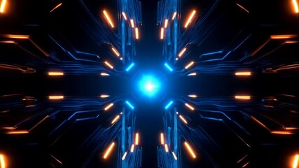 Poster - Futuristic Digital Tunnel with Glowing Blue and Orange Lights Creating Sci Fi Atmosphere
