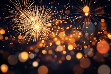 Poster - Bright fireworks and glowing bokeh lights on dark background concept.