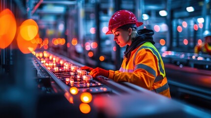 Poster - A Factory Worker Monitoring Industrial Machinery and Control Panels in a Dimly Lit Nighttime Manufacturing Facility