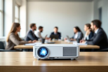 Poster - Close-up of projector on table in meeting room, business team in background.