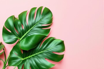 Poster - Monstera leaves on soft pink background, minimalistic botanical theme.